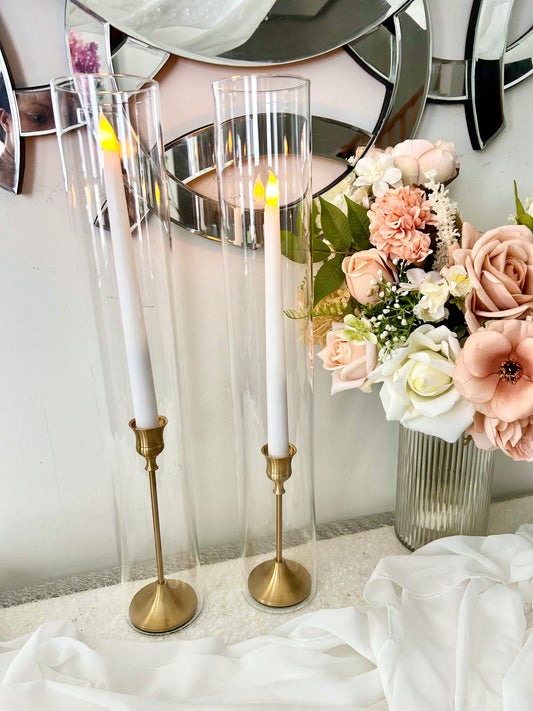 Gold Taper Candle Holder with glass tube with LED taper candle stick