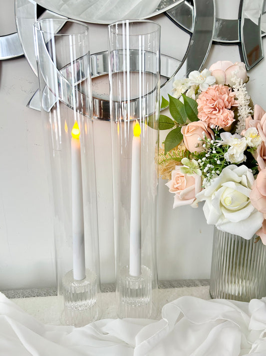 Rippled glass Taper Candle Holder with 18” glass tube with LED taper candle stick