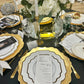 White with Gold scalloped rim Acrylic Charger Plates, Gold Plastic Charger Plates 13" - Rental