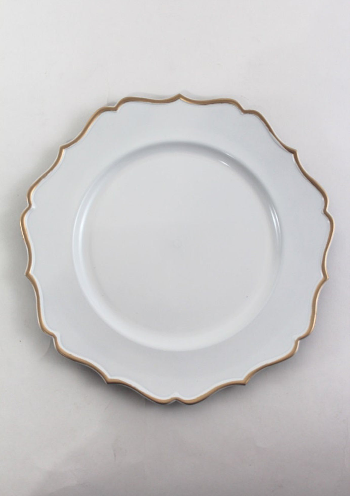 White with Gold scalloped rim Acrylic Charger Plates, Gold Plastic Charger Plates 13" - Rental