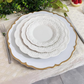 White with Gold scalloped rim Acrylic Charger Plates, Gold Plastic Charger Plates 13" - Rental